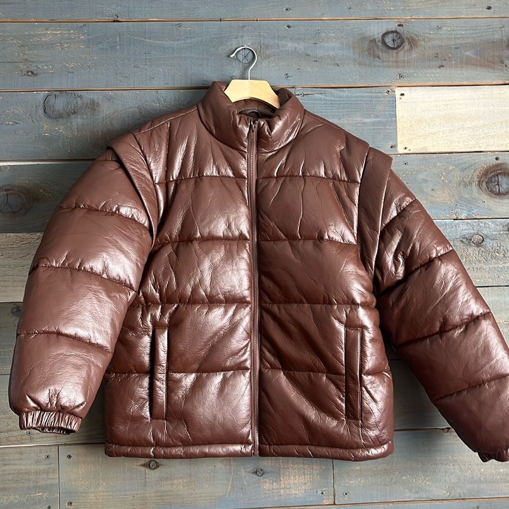 WeWoreWhat Faux Leather Detachable Sleeve Puffer Vest Jacket S Brown